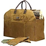 INNO STAGE Firewood Log Carrier Bag Waxed Canvas Tote Holder with Fireplace Pure Leather Gloves- Rust Bag