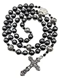 Nazareth Store Hematite Rosary Black Stone Beads Necklace Metal Beaded Miraculous Medal & Cross Rosary for Men and Womens NS