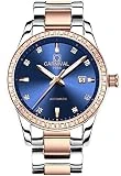 Carnival Women's Diamond Automatic Mechanical Rose Gold Stainless Steel Sapphire Waterproof Lady's Elegant Blue Watch (Blue dial)