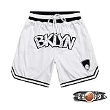 KRU Men's Brooklyn Basketball Fan Shorts, Irving Classic Embroidery Shorts, Supporters' Stand Cheering Pants-White-S