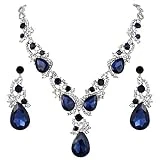 BriLove Wedding Bridal Necklace Earrings Jewelry Set for Women Multi Teardrop Cluster Crystal Statement Necklace Dangle Earrings Set Navy Blue Sapphire Color Silver-Tone