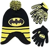 DC Comics Boys Batman Winter Hat 2 Pair Gloves or Mittens Set (Toddler/Little Boys) Age 4-7 Batman Black/Yellow Glove