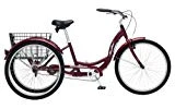 Schwinn Meridian Adult Tricycle with 26-Inch Wheels in Maroon, with Low Step-Through Aluminum Frame, Front and Rear Fenders, Adjustable Handlebars, Large Cruiser Seat, and Rear Folding Basket