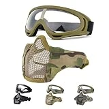 Fansport Airsoft Mask Tactical Goggles Set, Lower Half Face Mesh Masks Foldable Steel mesh mask Airsoft Protective Mask with Goggles Set for Hunting, Shooting, Paintball (Yellow)