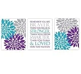 Baby Girl Nursery Wall Art Purple Teal Turquoise Gray Grey Flower Burst Dahlia Mums You Are Braver Toddler Bedroom Decor 3 UNFRAMED PRINTS