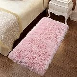 YJ.GWL Super Soft Faux Sheepskin Fur Area Rugs for Bedroom Floor Shaggy Plush Carpet Faux Fur Rug Bedside Rugs, 2 x 4 Feet Pink