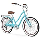 sixthreezero EVRYjourney Women's 7-Speed Step-Through Hybrid Alloy Cruiser Bicycle, Teal w/Brown Seat/Grips, 26' Wheels/ 17.5' Frame