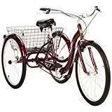 Single Speed 26' Schwinn Meridian Adult Tricycle with Adjustable Seat and Handlebars,easy Low Stand-over/step-through Aluminum Frame, Rear Folding Basket Safely Stores Belongings in Cherry Color