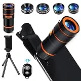 Cell Phone Camera Lens Kit,6 in 1 Universal +0.62x Wide Angle &25x Macro +235°Fisheye +Phone Holder -Shutter Remote+Tripod for iPhone X/8/7/6/6s plus Samsung Android & phone