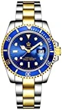 Mens Luxury Watches Ceramic Bezel Mineral Glass Luminous Quartz Silver Gold Two Tone Stainless Steel Watch (Gold Blue)