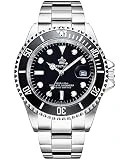 REGINALD Men's Watch Luminous Quartz Rotatable Bezel Sapphire Glass Silver Stainless Steel Band and Case Waterproof Sports Black Watch (Black Dial)
