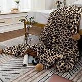 MYRU Super Soft Leopard Throw Blanket for Girls Gift Cozy Couch Blanket with Pom Poms (50 x 60 Inch,C)