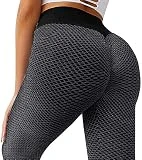 MOSHENGQI Women's Ruched Butt Lifting High Waist Yoga Pants Tummy Control Stretchy Workout Leggings Textured Booty Tights(Large,#1 Dark Grey)