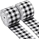 2 Rolls Buffalo Plaid Burlap Wired Ribbon Weave Ribbon with Wired Edge for Christmas Crafts Floral Bows Craft Decoration, 2.4 Inches by 315 Inches (Black and White Plaid)